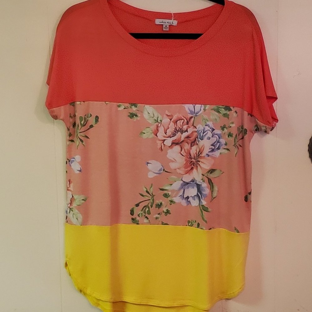 Raglan Coral and Yellow Floral Tunic Top